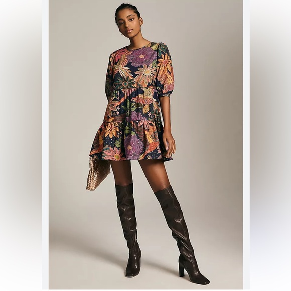 Farm rio small floral navy multipuffy sleeve mini cotton dress.